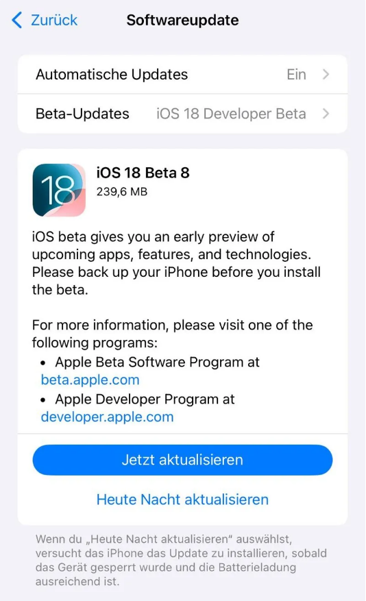 江永苹果手机维修分享苹果 iOS / iPadOS 18 开发者预览版 Beta 8 发布 